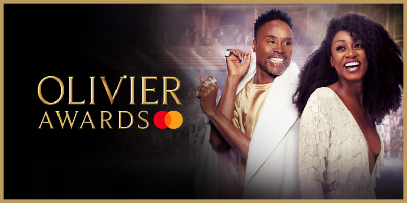 Olivier Awards promotional image featuring two elegantly dressed presenters smiling against a theatre backdrop.