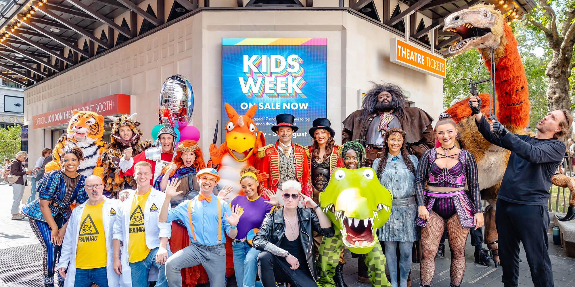 Theatre characters gather in Leicester Square to celebrate the launch of Kids Week, plus September shows announced